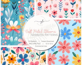 Pastel Seamless Patterns: Soft Petal Blooms, Flower Digital Paper (12x12 Repeating Patterns)