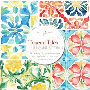 May include: Watercolor seamless patterns of Tuscan tiles in various floral designs. The tiles feature a mix of blue, yellow, red, and green hues. The image includes the text "Tuscan Tiles Seamless Patterns" and "12 x 12 in."