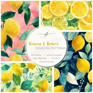 May include: A digital collection of seamless patterns featuring watercolor lemons and green leaves on pink, white, and dark blue backgrounds. The central circular label displays the text: iylla Lemons & Leaves SEAMLESS PATTERNS 15 Patterns | Instant Download JPG / PNG Files | 12 X 12 in. Commercial Use.