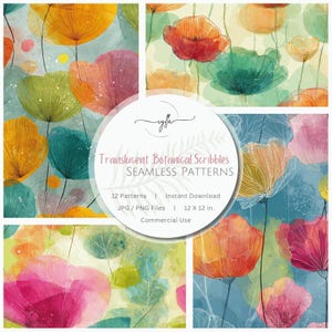 May include: A collection of watercolor seamless patterns featuring translucent botanical scribbles. The designs showcase colorful, stylized flowers in shades of orange, pink, green, and blue. The image includes the text "Translucent Botanical Scribbles SEAMLESS PATTERNS".
