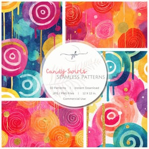 May include: A digital collection of seamless patterns featuring watercolor-style candy swirls in vibrant pink, orange, teal, and yellow with gold glitter accents. The central circular label displays the text Candy Swirls SEAMLESS PATTERNS.