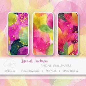 Puede incluir: Tres pantallas de teléfono inteligente que muestran diseños de fondo de pantalla digitales con hojas superpuestas estilo acuarela en tonos vibrantes de fucsia, amarillo y verde, con motas doradas y detalles de líneas finas, etiquetado Lucent Fuchsia.
