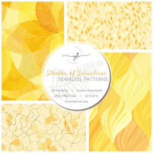 Könnte beinhalten: Eine Sammlung nahtloser Muster in Gelb- und Goldtönen. Das Bild zeigt verschiedene Designs, darunter abstrakte Formen, blattartige Muster und wellenförmige Linien. Der Text lautet "Shades of Sunshine SEAMLESS PATTERNS" und "12 X 12 in."