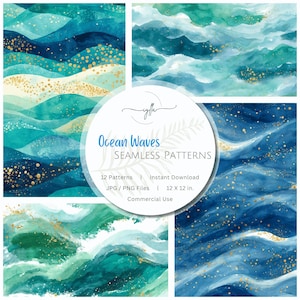May include: A collection of digital seamless patterns featuring watercolor ocean waves in shades of teal, turquoise, and deep blue, accented with gold speckles. The central circular label displays the text Ocean Waves SEAMLESS PATTERNS 12 Patterns | Instant Download JPG / PNG Files | 12 X 12 in. Commercial Use.