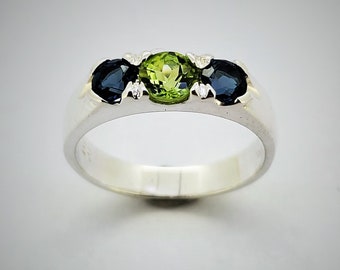 Peridot and Blue Topaz Ring, sterling silver ring, genuine gemstone ring