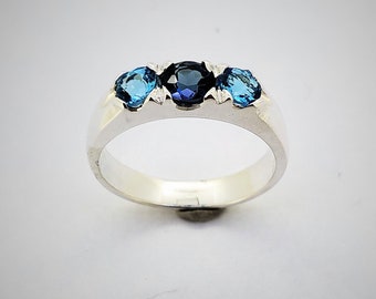 Blue Topaz Ring, Sterling silver ring with three blue topaz, genuine blue topaz ring