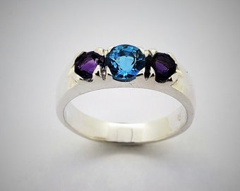 Blue Topaz and Amethyst Ring, Sterling silver ring, genuine gemstone ring