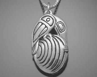 Raven, Clam and First People Necklace, sterling silver, reclaimed eco-friendly silver pendant