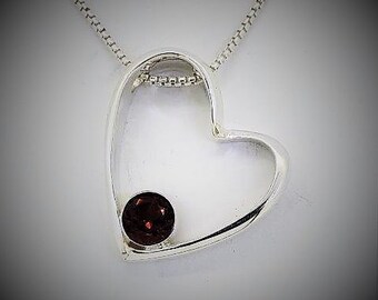 Heart Necklace, Garnet Heart Slide Necklace, sterling silver heart pendant and chain