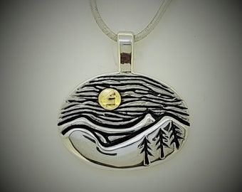Mountain and Trees Necklace, sterling silver and 18K gold necklace, recycled metals, Sisters Sunrise Necklace