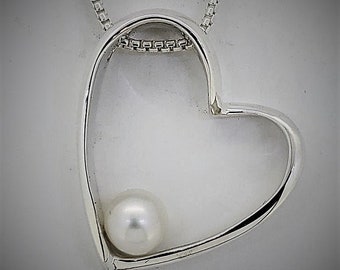 Heart Slide Necklace, Cultured Pearl Heart Pendant, Floating Heart Necklace, sterling silver necklace