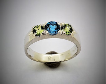 Blue Topaz and Peridot Ring, sterling silver gemstone ring, genuine gemstone ring