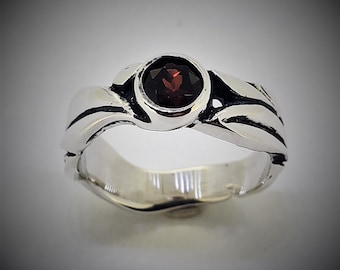 Garnet Ring, sterling silver band, Genuine Gemstone ring, Flower, vine, and leaf ring