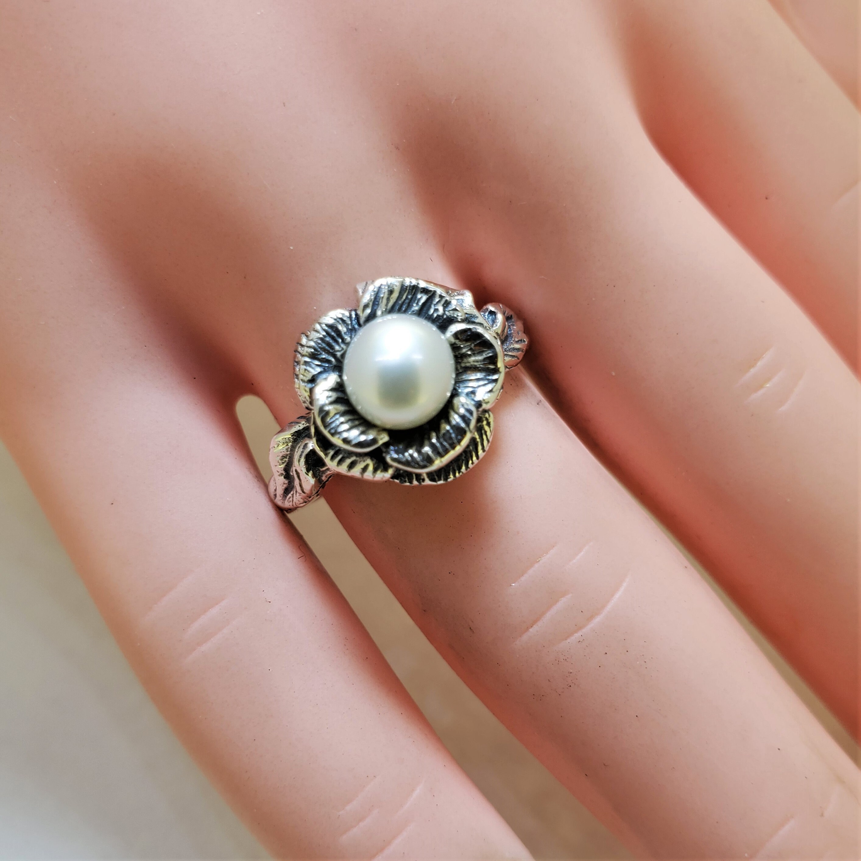 Pearl Ring, Vintage Inspired Sterling Silver and Cultured