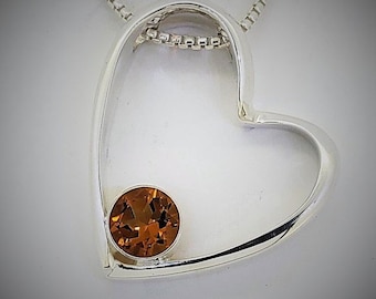 Heart Necklace, Citrine Heart Slide Necklace, sterling silver heart pendant and chain