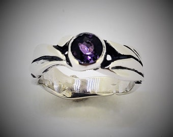 Amethyst Ring, Leaf and Vine Pattern Ring, Silver Ring, Sterling Silver