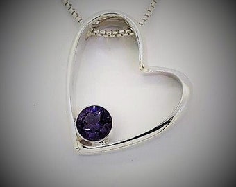Heart Necklace, Amethyst Heart Slide Necklace, sterling silver heart pendant and chain