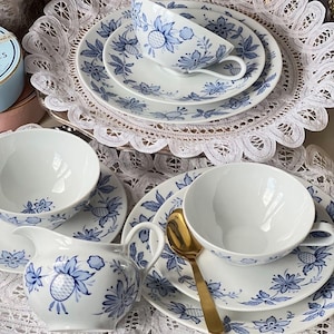 Vintage Porcelain Coffee/Tea Set / Two Tea Cups Trios + Milk Pot + Sugar Bowl with Saucer / Schirnding Bavaria