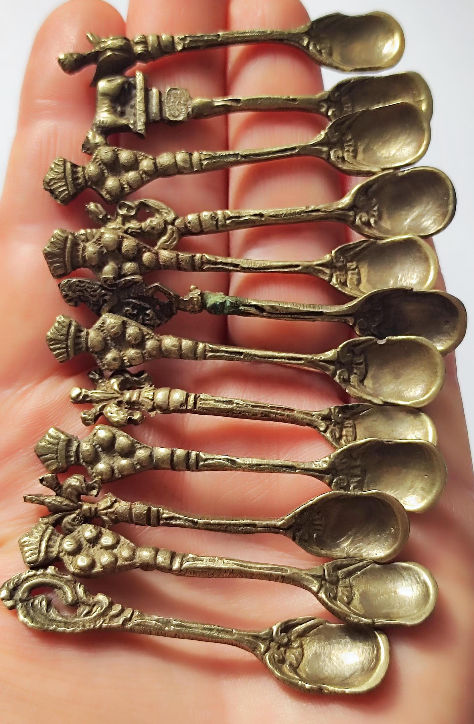 Vintage Antique Brass Spoons Mini Set of 12 Marked