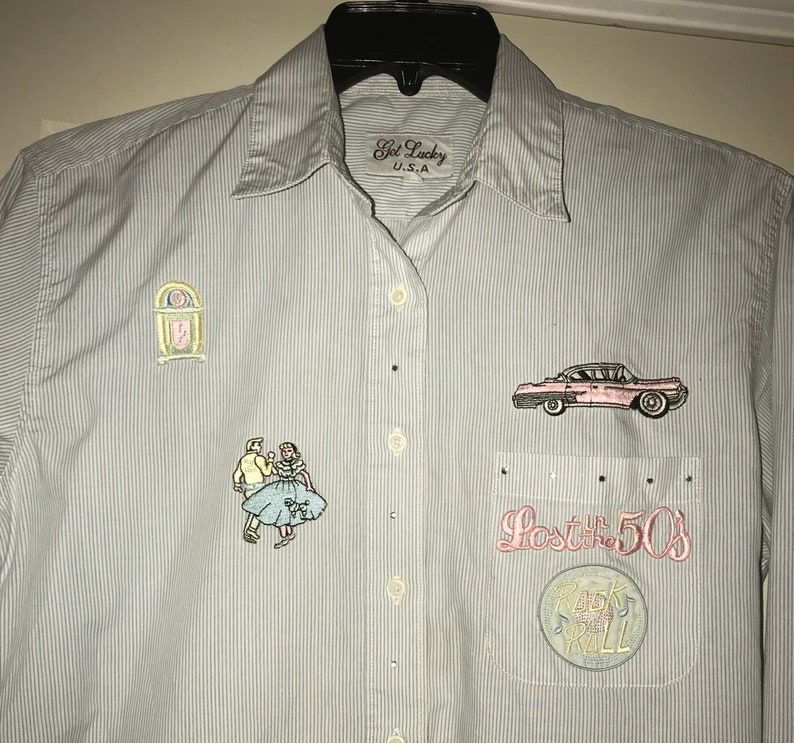 sz M Vintage Women\u2019s 1950s Themed Long Sleeve Button Up Shirt with Rhinestones /&Patches by Get Lucky-Size Medium