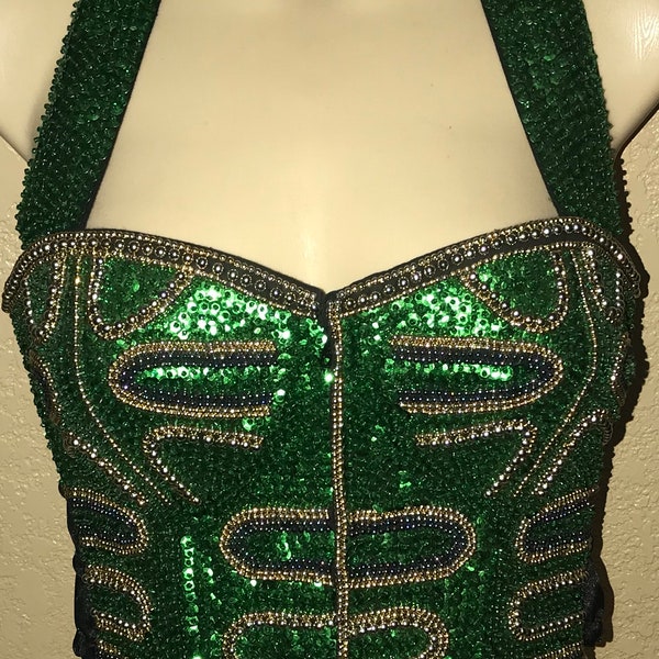 Vintage Sequin Green and Gold Sequin Beaded Bustier Corset Top by Bali-Size Small Halloween Mardi Gras Festival Costume Top