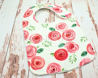 Baby Bib, WATERCOLOR ROUND ROSES, Bibs, Minky Baby Bib, Baby Girl Bib, Baby Shower Gift