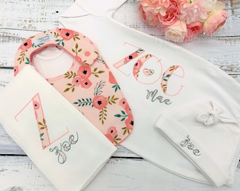 Personalized Baby Gown Gift Set, Peach Floral, Baby Girl Gift, Baby Shower Gift, Baby Bib And Burp Cloth