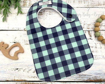 Baby Bib, Aqua and Navy Check Bib, Baby Boy Bib, Baby Shower Gift, Baby Gift, Minky Baby Bib