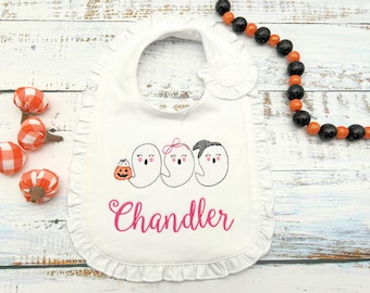 Personalized Baby Bib, Halloween Ghosts Baby Bib, Baby Gift, 1st Halloween Baby Bib, Baby Girl Bib, Ruffled Baby Bib, Embroidered Baby Bib