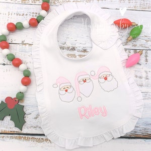 Personalized Baby Bib, Santa Trio Pink Bib, Christmas Baby Bib, First Christmas Bib, Baby Girl Christmas Bib, Embroidered Baby Bib