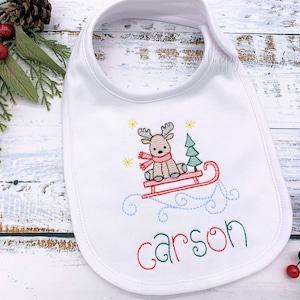 Personalized Baby Bib, Moose On Sled Bib, Christmas Baby Bib, New Baby Gift, First Christmas for Baby, Monogrammed Baby Gift