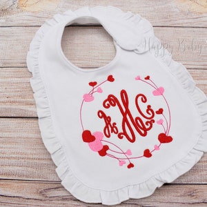 Baby Bib, Monogramed Valentine&#39;s Day Baby Bib, Baby Girl Bib, Personalized Baby Bib, Ruffled Baby Girl Bib