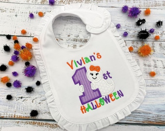 Personalized Baby Bib, 1st Halloween Baby Bib, Baby Girl Bib, Girl Ghost Halloween Bib