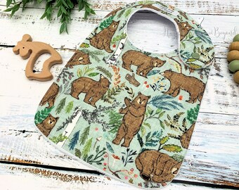 Baby Bib, Woodland Bears, Handmade Baby Bib, Minky Bib, Baby Shower Gift, Baby Boy Gift