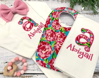 Personalized Baby Gown Gift Set, Baby Gift Set, Baby Shower Gift, Monogrammed Baby Gift, Baby Girl, Coming Home Outfit