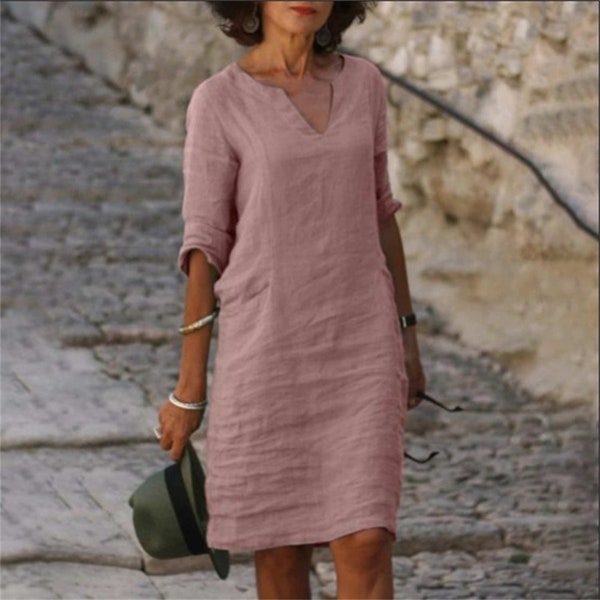 Stylish V-neck Linen Dress for Summer ，women's Trendy Fashion ，Casual Loose Fit Cotton Linen Apparel