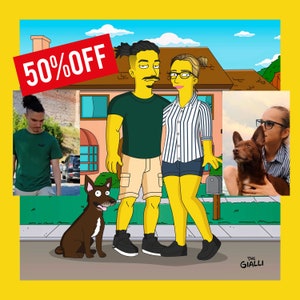 Custom Simpson family portrait, Custom Simpson couple portrait, Simpson house and sofa, high quality, dog and cat