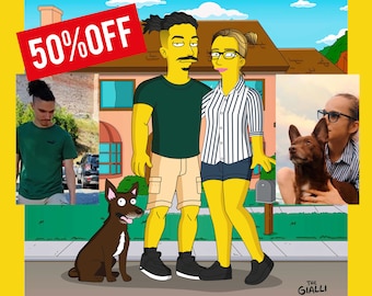 Benutzerdefiniertes Simpson-Familienporträt, benutzerdefiniertes Simpson-Paarporträt, Simpson-Haus und Sofa, hohe Qualität, Hund und Katze