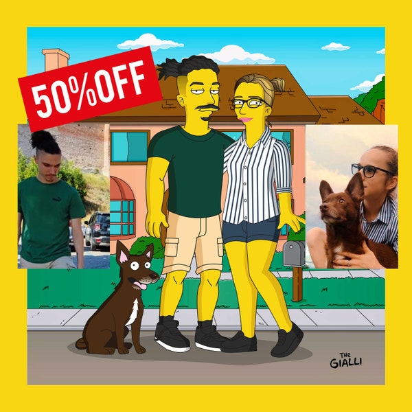 Ritratto di famiglia Simpson personalizzato, Ritratto di coppia Simpson personalizzato, Casa e Divano Simpson, alta qualità, cane e gatto