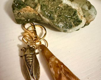 Real Tooth Keychain Cicada Charm Keychain Coyote Tooth or Buffalo Tooth Witchy Keychain Natural Tooth Gold Insect Keychain Oddity Gift