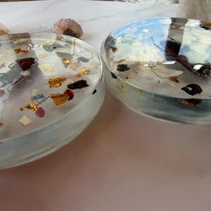 May include: Two clear, oval-shaped resin coasters. Each coaster contains gold leaf, small pieces of stone, and a dark insect. The coasters are on a light pink surface.