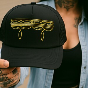 Western Boot Stitch Foam Trucker Hat Embroidered Cowboy Boot Stitch Thread Design Cowgirl Hat Festival Accessory Unique Trendy Hat Boho Vibe
