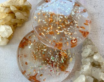 Gold Foil Elegant Resin Coaster Handmade Shimmer Coaster w/ Feathers | Natural Element Drink Coaster | Unique Gift Home Decor