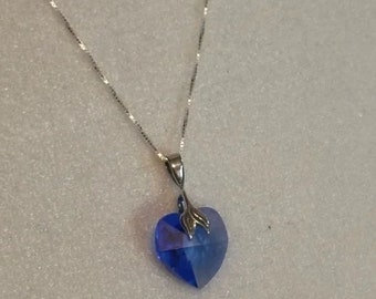 Blue Heart Swarovski Crystal pendant 18” Sterling Silver Box chain & bale