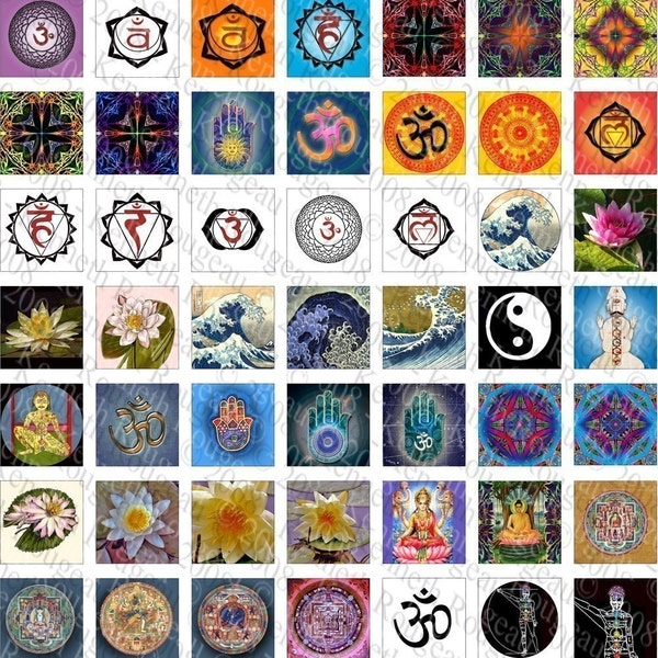 Chakra Energy Symbols And Images-(No.2) Digital Collage Sheet- 63- 1 Inch Squares (Buy 3 Get 1 Free)