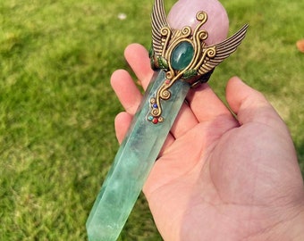 7,5" natuurlijke fluoriet en rozenkwartskristal | Healing Crystal Wand | Chakra- en altaargereedschap