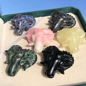 May include: Six carved ram heads made of different types of stone. The rams are in a variety of colours, including blue, pink, yellow, green, and black.