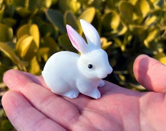 Hand-Carved White Marble Rabbit Figurine: Pink Ears, Easter Decor