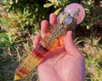 Fluorite & Rose Quartz Crystal Wand: Healing Altar Tool