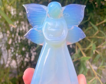4'' Hand-Carved Opalite Angel Figurine - Spiritual Crystal Sculpture for Healing, Home Decor, and Gifts